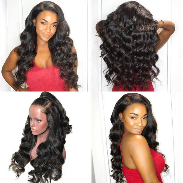 16-18 Inches #1B 360 Lace Pre-Plucked Body Wavy Lace Frontal Wig-100% Human Hair